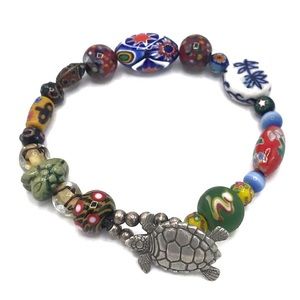 Vintage Danforth Pewter Glass Bead Turtle Bracelet